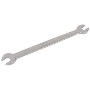 The Draper Elora Long Imperial Double Open End Spanner, 1/4 X 5/16" - 100A-1/4x5/16, crafted from chrome vanadium steel, features one end slightly larger than the other. This metallic tool boasts visible text stamped on its handle, ensuring durability and optimal performance.