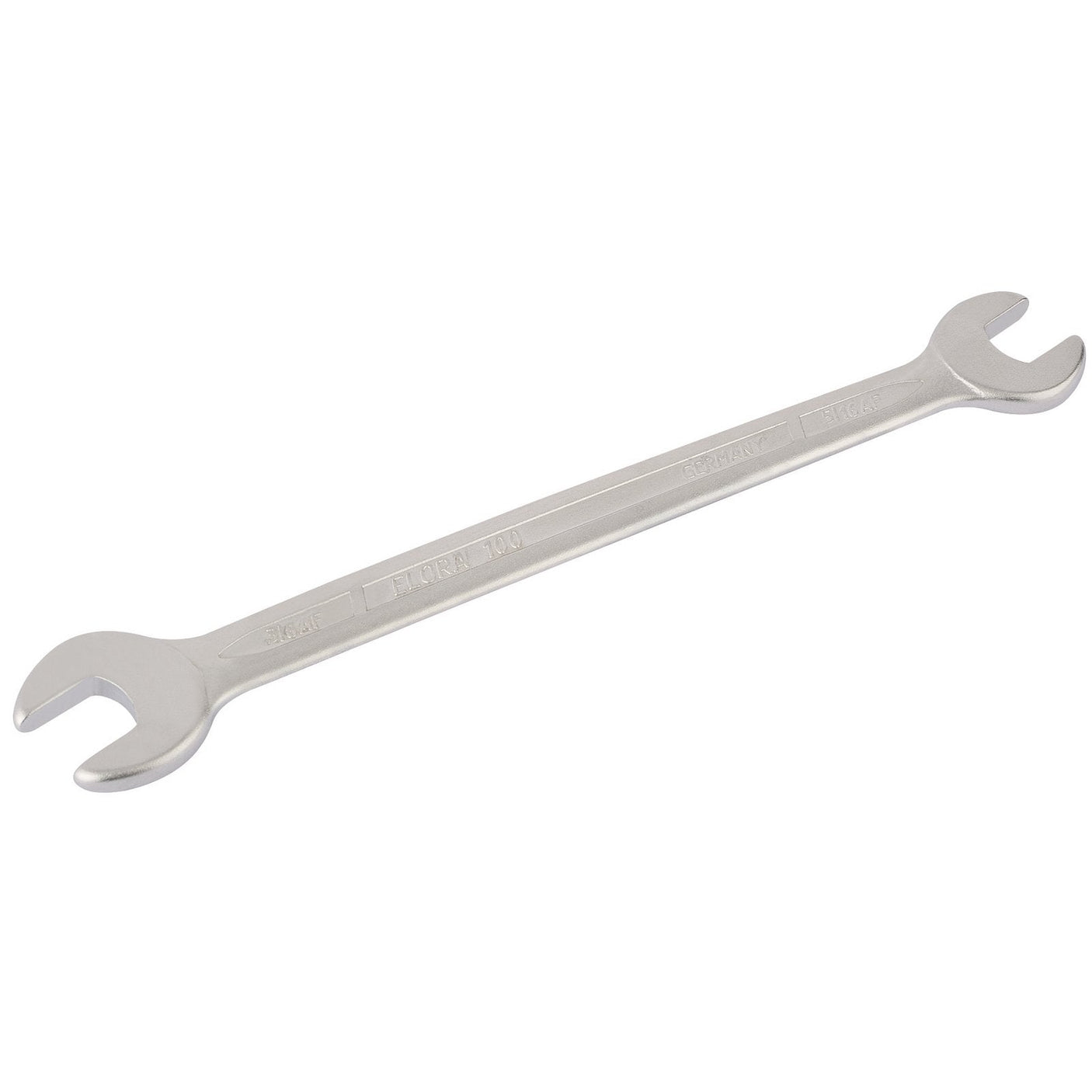 The Draper Elora Long Imperial Double Open End Spanner, 5/16 X 3/8" - 100A-5/16x3/8, features different sized heads on each end and is crafted from chrome vanadium steel for exceptional strength and corrosion protection, making it ideal for tightening or loosening nuts and bolts.