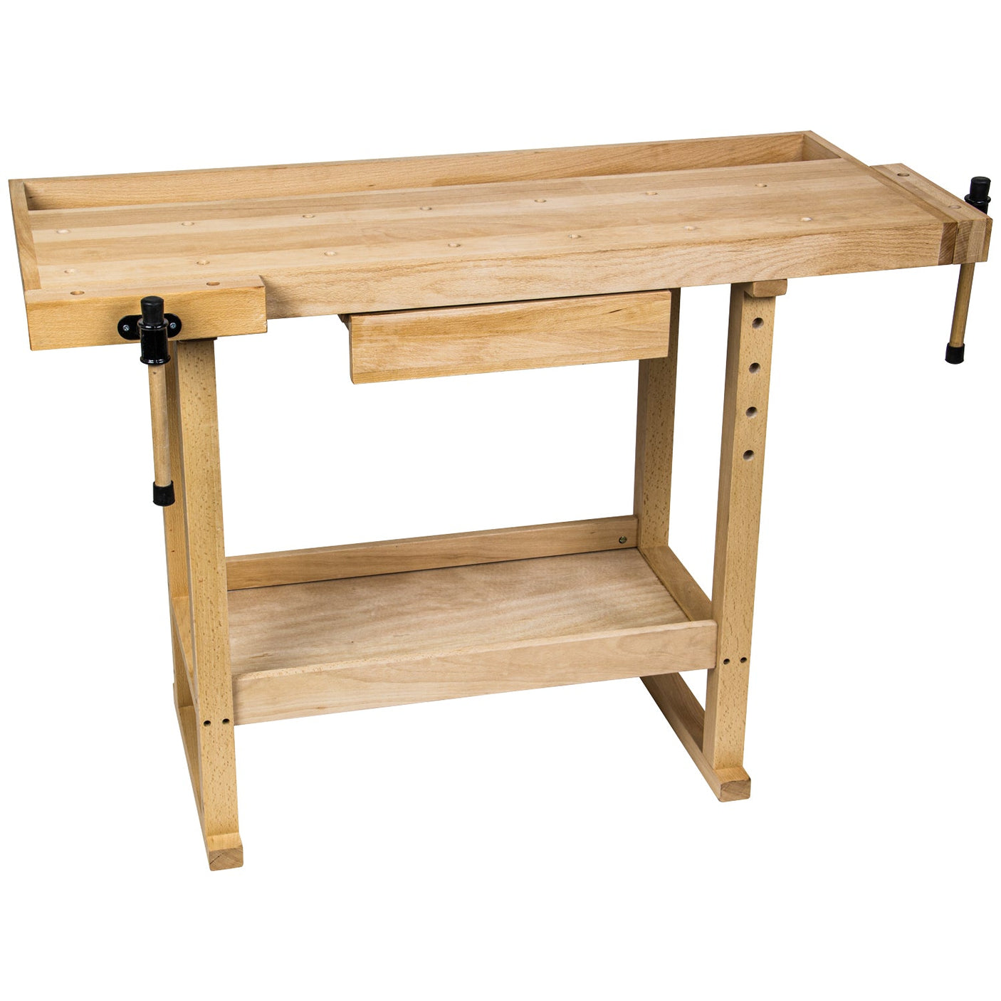 The SIP - Beech Workbench - SIP-01443 by SIP features a wooden design with a lower shelf, a small central drawer, and clamps on both sides.