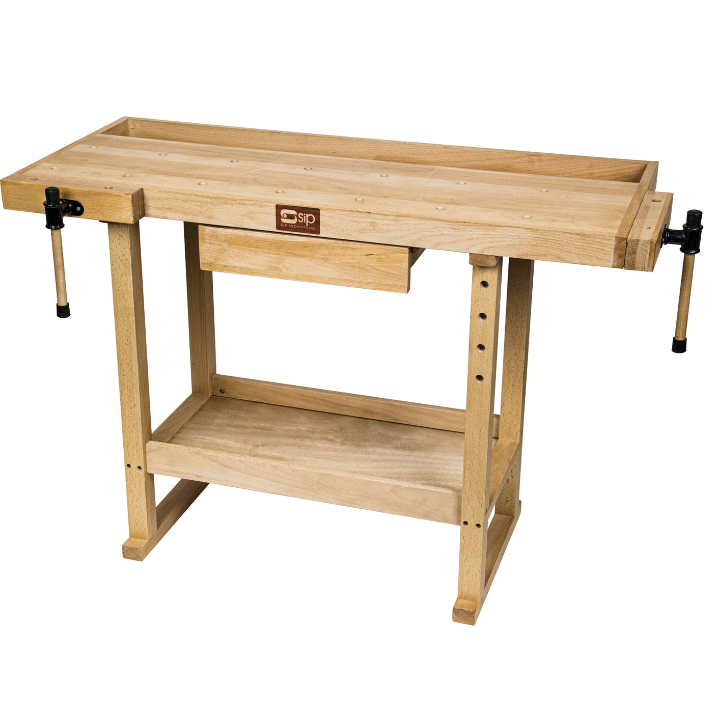 The SIP - Beech Workbench - SIP-01443 features a wooden build with a flat work surface, two attached clamps, an under-shelf, and an SIP brand logo on the front.