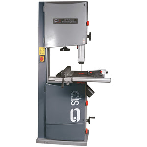 The SIP - 16" Professional Wood Bandsaw (SIP-01445) is a powerful tool featuring a grey body with red adjustable knobs and a built-in work table. Ideal for woodworking workshops, it offers 2-speed operation and various operational buttons and controls conveniently located on the left side.