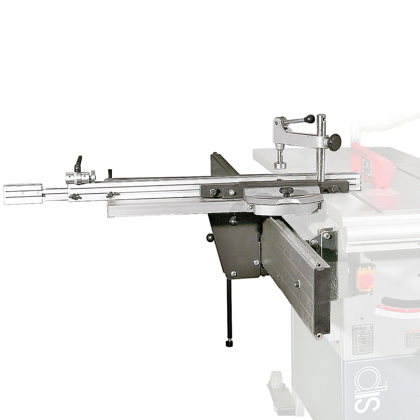 Image of an SIP - 01446 Table Saw Sliding Carriage - SIP-01447 attached to a crosscut fence system. The setup, featuring heavy-duty cast iron components, includes adjustable rails and a measuring scale for precise woodcutting. Ideal for 8ft x 4ft cross-cutting tasks.