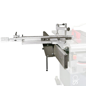 Image of an SIP - 01446 Table Saw Sliding Carriage - SIP-01447 attached to a crosscut fence system. The setup, featuring heavy-duty cast iron components, includes adjustable rails and a measuring scale for precise woodcutting. Ideal for 8ft x 4ft cross-cutting tasks.