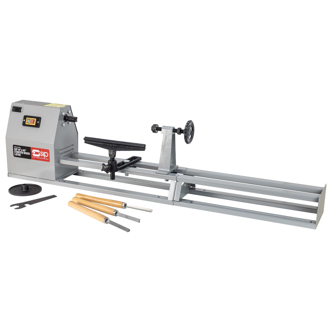 A SIP 14" x 40" Starter Wood Lathe with a 3-piece chisel kit (model IP-01458), several wooden dowels, a wrench, and a circular faceplate arranged beside it on a white background.