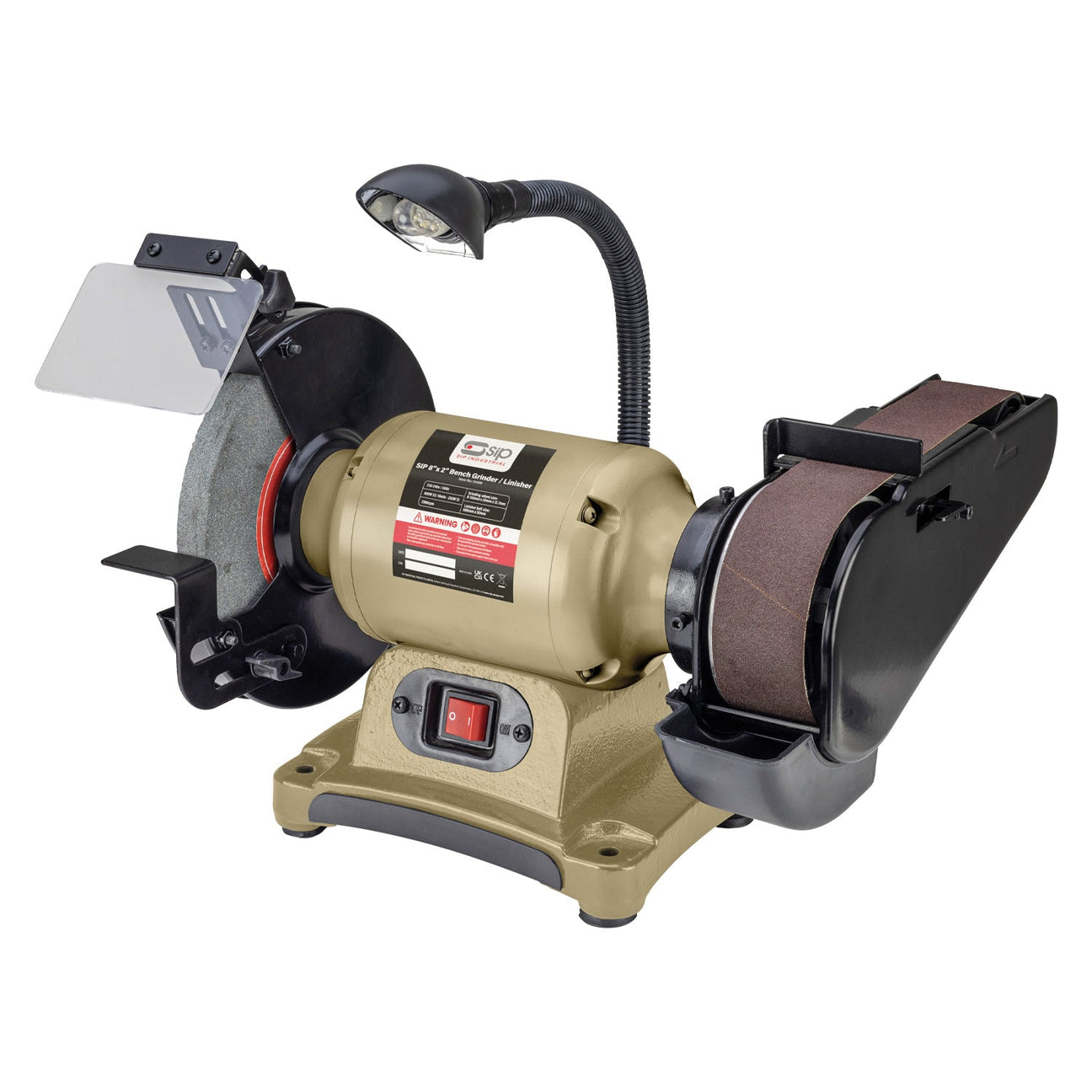 The SIP 8" x 2" Bench Grinder / Linisher (model IP-01459) by SIP is a versatile tool ideal for metalwork tasks. It features an attached flexible work light, an abrasive wheel on the left, and a belt sander on the right, all mounted on a sturdy beige base. Perfect for grinding and shaping projects.