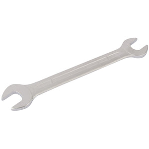 The Draper Elora Long Imperial Double Open End Spanner, 5/8 X 11/16" - 100A-5/8x11/16 by Draper features different-sized ends on each side and boasts a sleek metallic finish. It is crafted from durable chrome vanadium steel for enhanced corrosion protection, conforming to DIN 3110 standards.