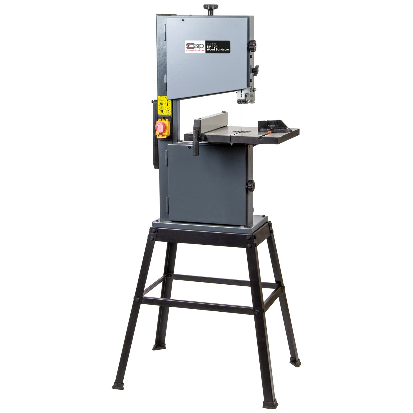 The SIP - 10" Wood Bandsaw (Model SIP-01475) features a gray body with a black stand and is equipped with a red and yellow power button, making it perfect for woodworking projects. This precision tool from SIP ensures durability and performance.