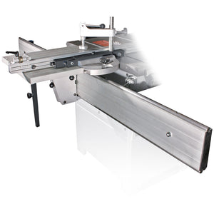 The SIP 01332 Table Saw Sliding Carriage, model IP-01495 by SIP, features a robust aluminum fence, an adjustable saw blade for precise cutting, and an 8ft x 4ft cross-cutting capability with a cast iron table.