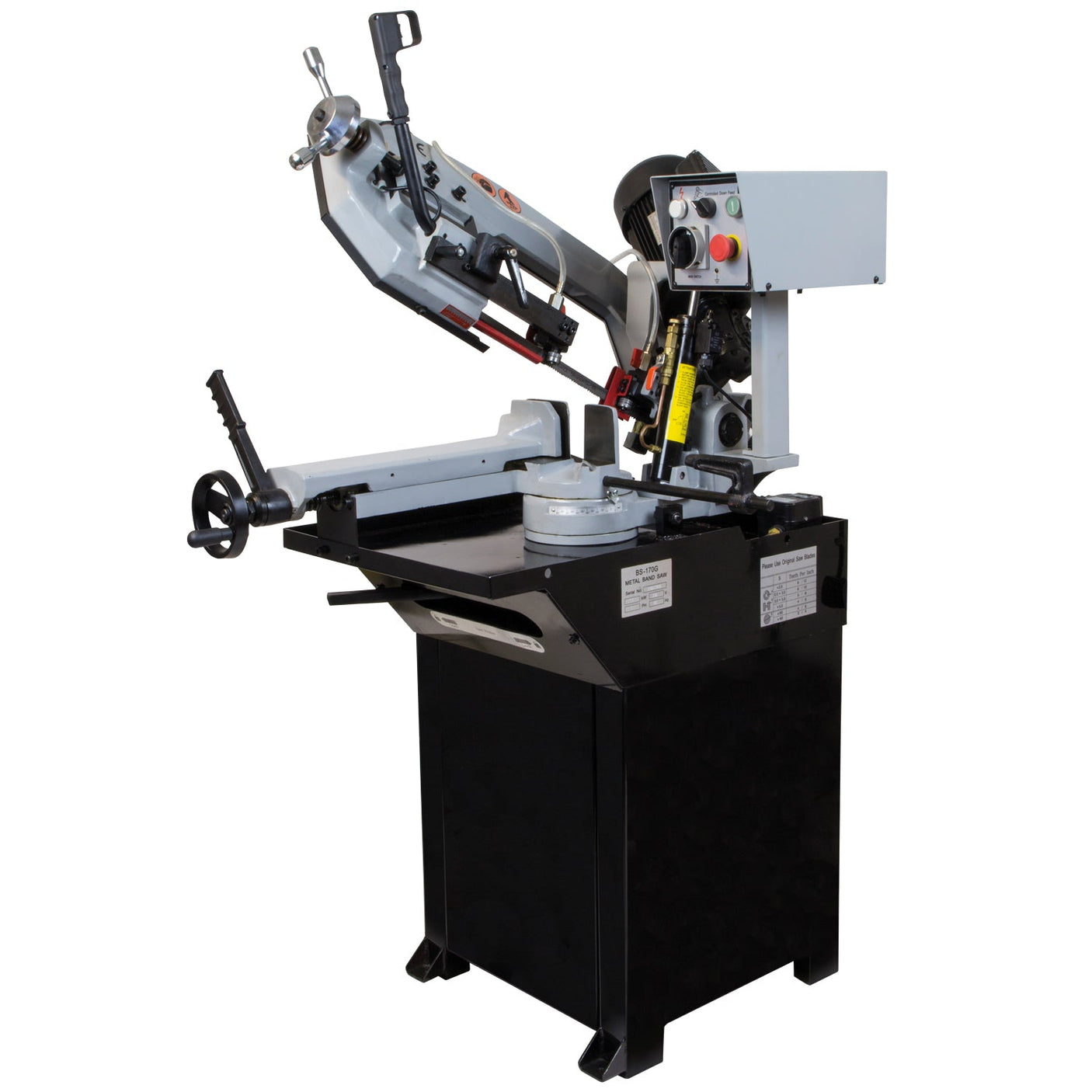 Introducing the SIP - 8" Swivel Head Pull-Down Metal Bandsaw - SIP-01520 by SIP, an industrial heavy-duty metal cutting machine equipped with various controls and a cutting blade. It features semi-automatic feed control and stands on a black base with convenient storage compartments.