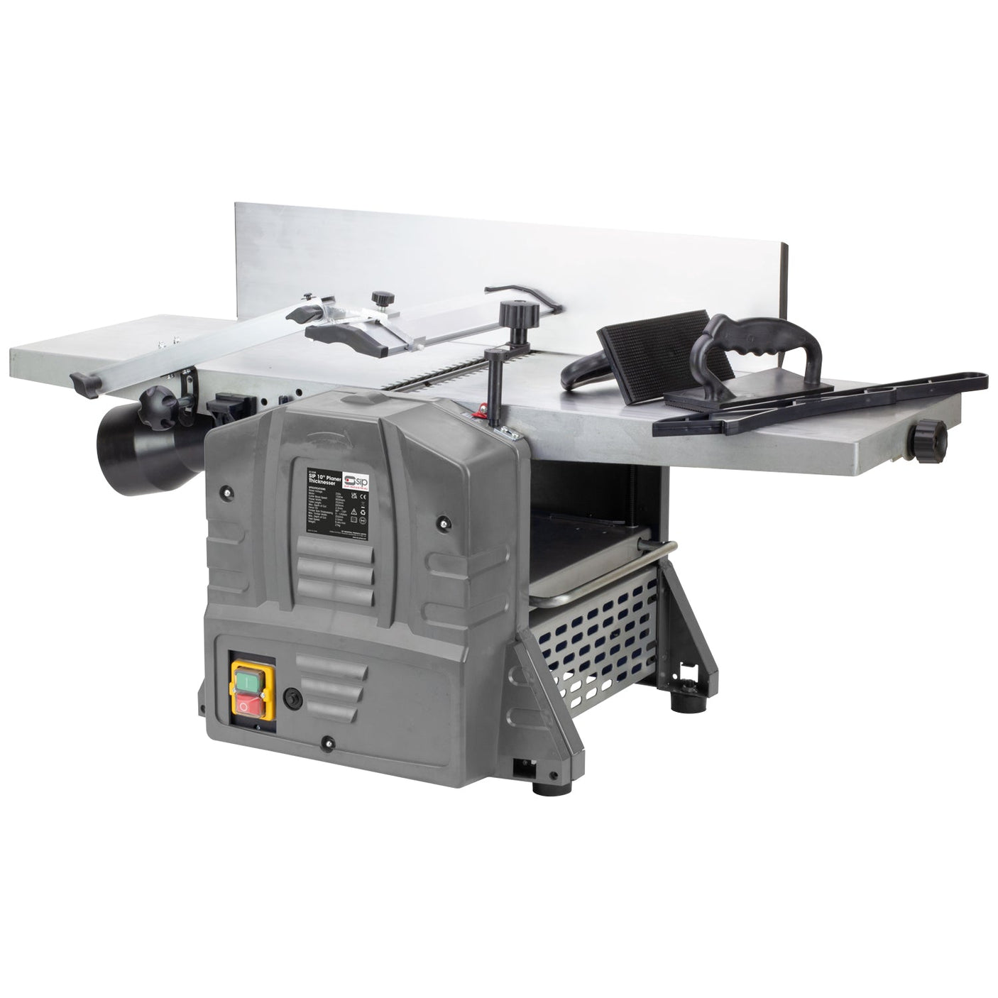 The SIP - 10" x 5" Planer Thicknesser - SIP-01558, by SIP, features a gray body, large metal surface, built-in dust extraction port, safety guard, and adjustment knobs suitable for precision wood shaping and smoothing tasks.