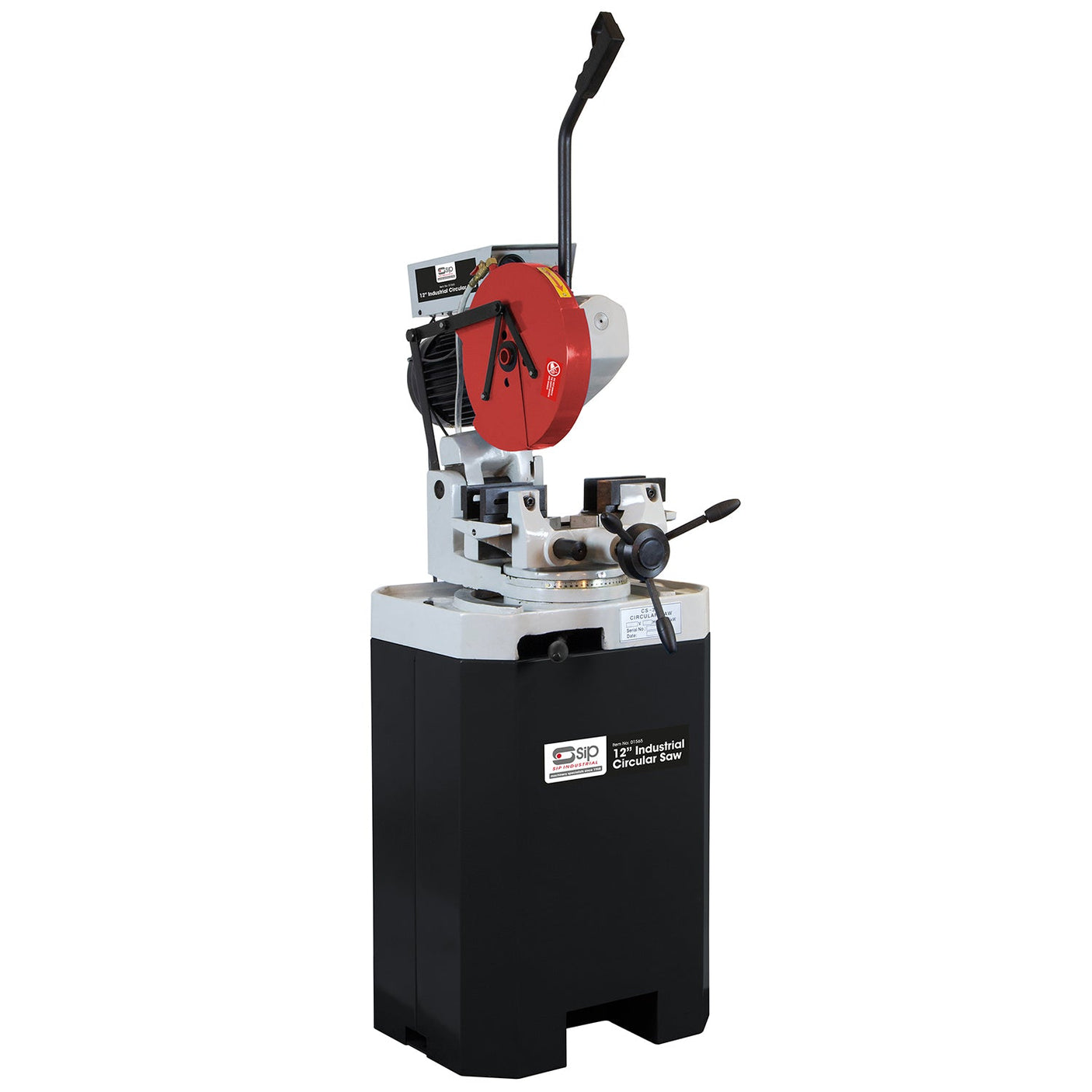 Image of the SIP - 12" Industrial Circular Metal Saw - SIP-01565 with a red and black cutting blade mounted on a black and gray machine stand. The saw, designed for cutting ferrous metals, boasts heavy-duty features, including control levers and safety mechanisms from the SIP brand.