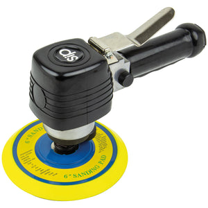 The SIP - 6" Dual Action Air Sander (SIP-01609) from SIP is a black handheld pneumatic sander featuring a yellow and blue 6-inch sanding pad. It comes with a silver lever on top for ease of control, ensuring a random orbit for a swirl-free finish on your projects.