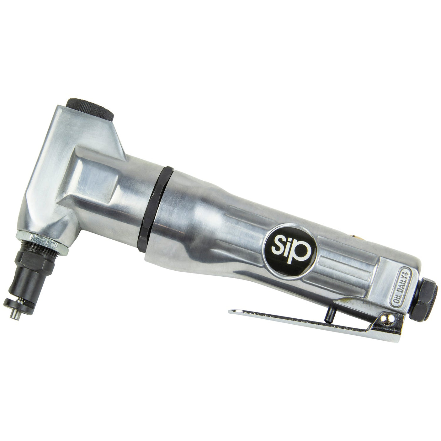 The SIP - Air Nibbler - SIP-01616 is a versatile tool featuring a silver finish, a black knob, and a lever at the bottom, making it ideal for sheet metal cutting. The SIP logo is prominently displayed on the side, highlighting its lightweight design.