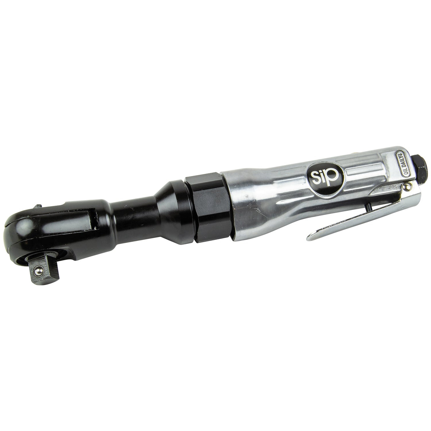 The SIP-01618 1/2" Reversible Air Ratchet, branded with "SIP", features a sleek metallic design with a black head and silver body. Its side trigger ensures it's perfect for automotive tasks, while the easy speed control allows for precision work.