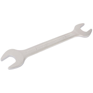 The Draper Elora Long Imperial Double Open End Spanner, 1.1/16 x 1.1/4" (100A-1.1/16x1.1), is a silver wrench made from durable chrome vanadium steel with corrosion protection, featuring two different sized openings at each end and engraved measurements along the handle.

