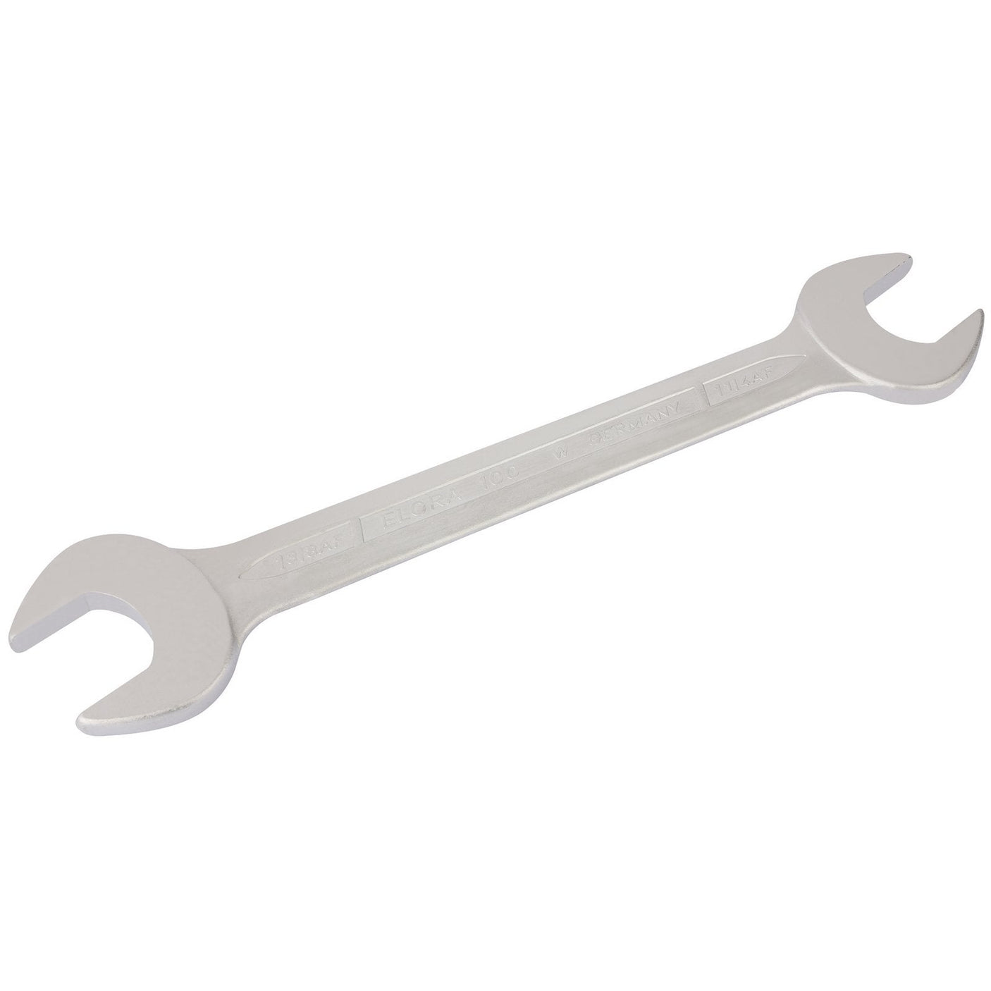 The Draper Elora Long Imperial Double Open End Spanner, 1.1/4 X 1.3/8" - 100A-1.1/4x1.3/, made of chrome vanadium steel for superior durability, features different sized jaws on each end and meets DIN 3110 standards. Ideal for tightening or loosening bolts and nuts, it also offers excellent corrosion protection.