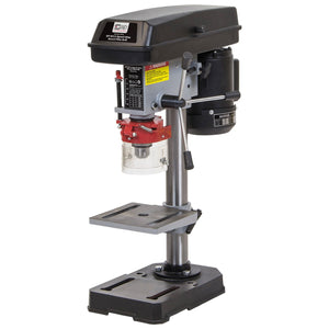 Introducing the SIP B13 5-Speed 350W Bench Pillar Drill | IP-01710: a versatile drilling tool featuring a sleek black housing, sturdy vertical steel column, flat rectangular worktable, and a transparent safety guard over the drill bit. Ideal for various drilling applications.