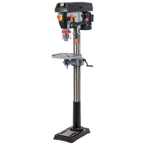 The SIP Pro F20 12-Speed 750w Floor Pillar Drill | IP-01716 is a SIP-branded, floor-standing pillar drill that features a black motor housing, adjustable worktable, and sturdy metal column. It comes equipped with several control levers, an MT3 taper, and a red stop button for enhanced safety.