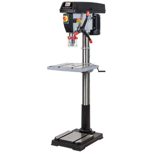 A professional workshop essential, the SIP Pro F20 12-Speed 1100w 400v Floor Pillar Drill | IP-01718 boasts a sleek black and silver design. It features a worktable, adjustable arm controls, and an electric motor mounted on top for precision and efficiency.