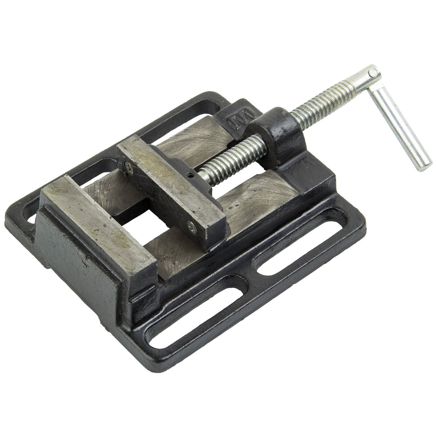 The SIP - 25" Pillar Drill Vice (SIP-01722) from SIP is a black cast iron vise featuring a chrome-plated spindle and a silver handle, designed for securely holding objects during work processes.