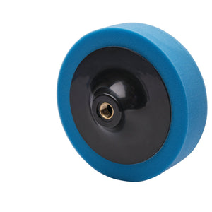 The Draper Polishing Sponge, 150mm, M14, Medium - APT150M14 is a blue foam buffing pad with a black center hole for attachment, ideal for restoring paintwork.