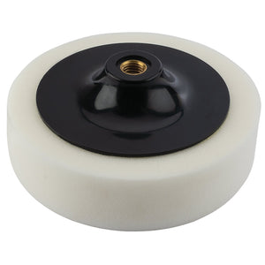 Draper Polishing Sponge, 150mm, M14, Firm - APT150M14, by Draper, features a white foam pad with a black plastic attachment center designed for use with power tools. It is ideal for restoring paintwork.