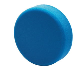 The Draper Polishing Sponge, 180mm, Medium - APT180 is a blue cylindrical foam pad with a flat circular face and slightly rounded edges, perfect for use with hook and loop backing pads, shown against a white background.