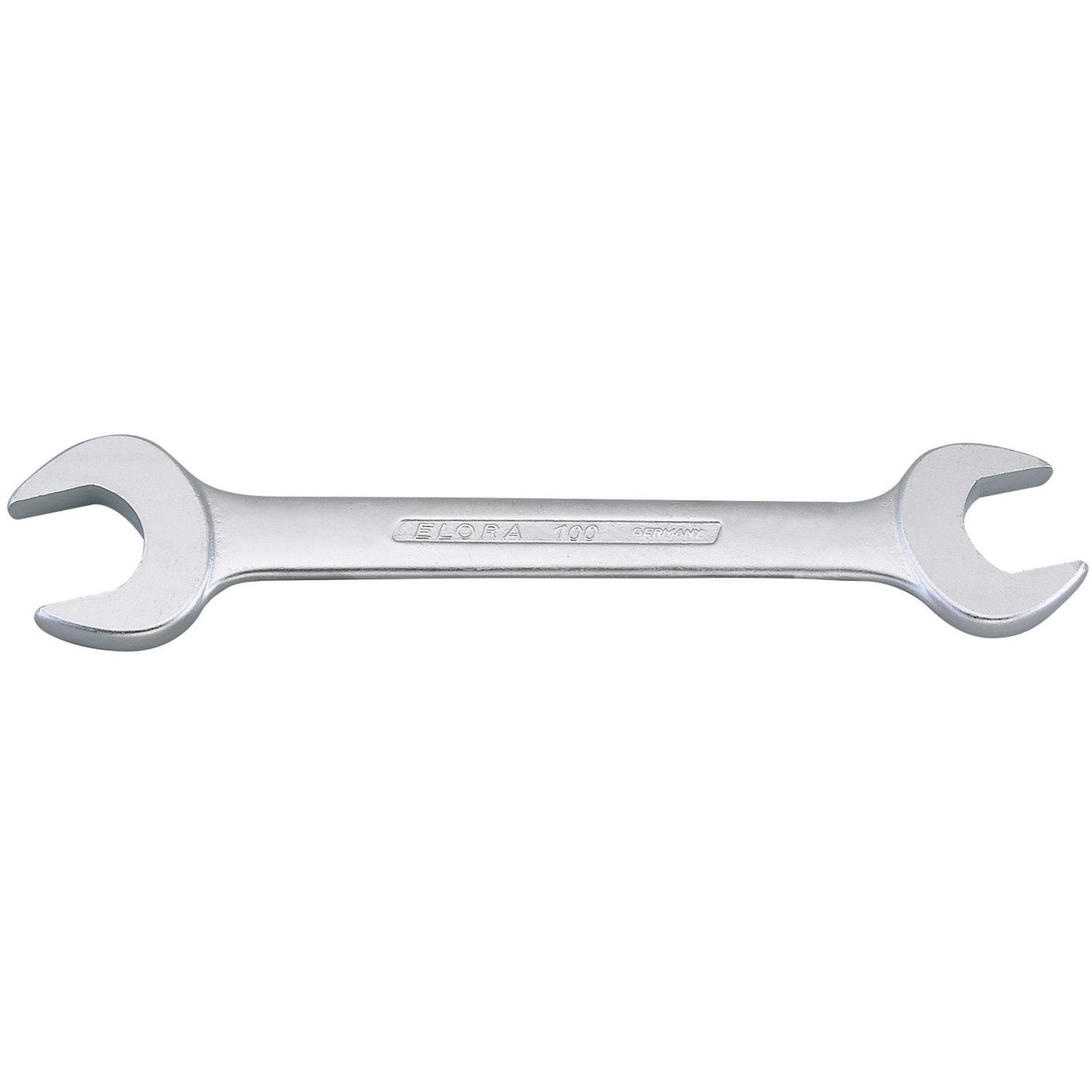 The Draper Elora Long Imperial Double Open End Spanner, 1.7/8 X 2.1/16" - 100A-1.7/8x2.1/, crafted from durable chrome vanadium steel, features two different sized openings on each end for efficiently turning nuts and bolts. Built to DIN 3110 standards, it ensures reliable performance with added corrosion protection for longevity.