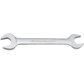 The Draper Elora Long Imperial Double Open End Spanner, 1.7/8 X 2.1/16" - 100A-1.7/8x2.1/, crafted from durable chrome vanadium steel, features two different sized openings on each end for efficiently turning nuts and bolts. Built to DIN 3110 standards, it ensures reliable performance with added corrosion protection for longevity.