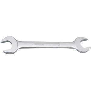 The Draper Elora Long Imperial Double Open End Spanner, 1.7/8 X 2.1/16" - 100A-1.7/8x2.1/, crafted from durable chrome vanadium steel, features two different sized openings on each end for efficiently turning nuts and bolts. Built to DIN 3110 standards, it ensures reliable performance with added corrosion protection for longevity.