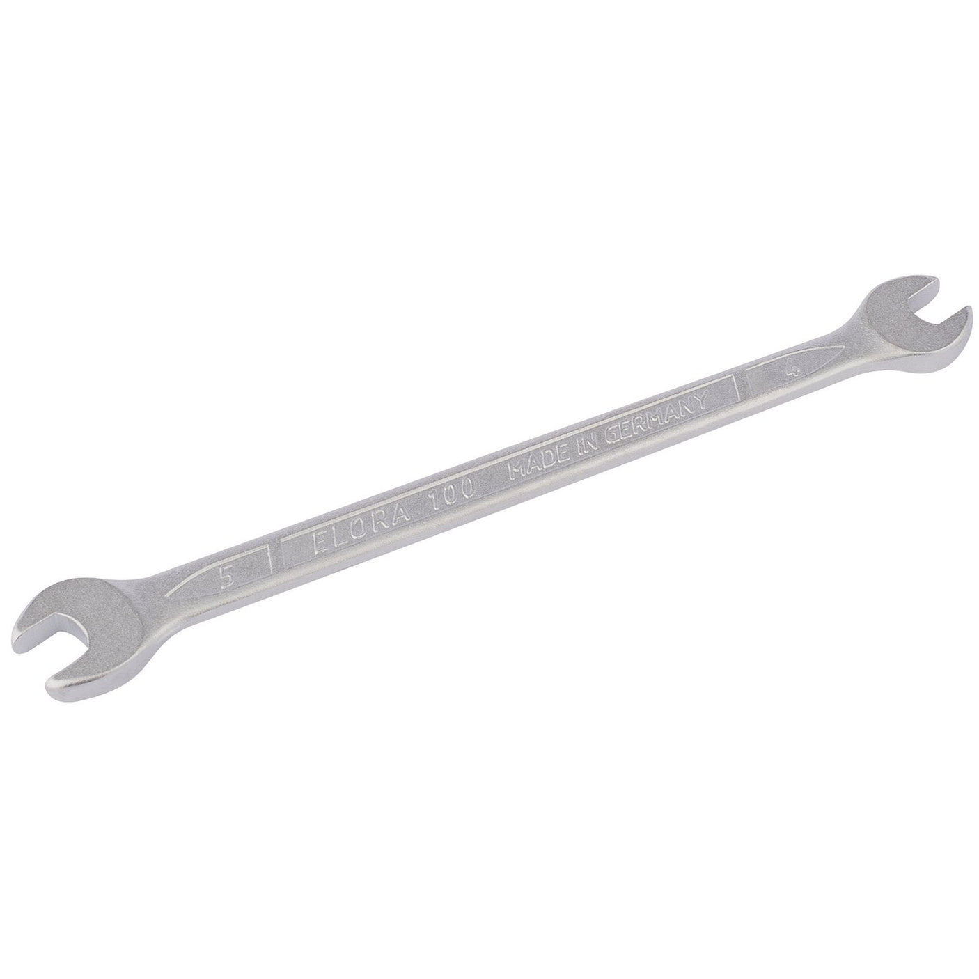 Draper Elora Long Metric Double Open End Spanner in sizes 4 and 5mm, marked "DRAPER ELORA 100-4x5," crafted from durable chrome vanadium steel for excellent corrosion protection according to DIN 3110 standards.