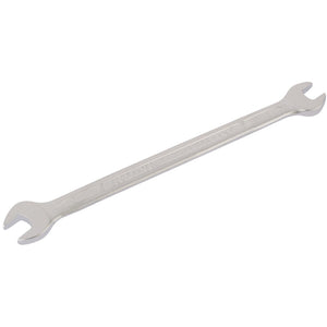 The Draper Elora Long Metric Double Open End Spanner, 6 X 7mm - 100-6x7, is a durable tool crafted from chrome vanadium steel, featuring a small end of 6mm and a large end of 7mm. It has 'FORGED IN USA' imprinted on the handle and offers excellent corrosion protection.