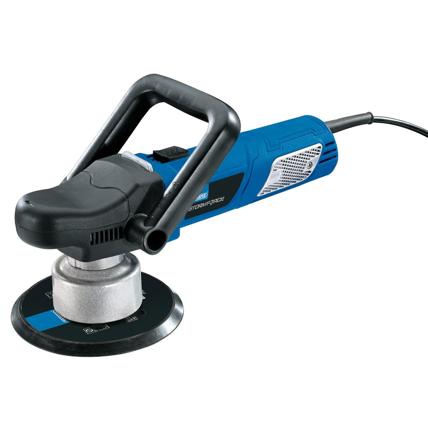 A Draper Storm Force® Dual Action Polisher, 150mm, 900W - DA900SF in blue and black with a side handle, an adjustable D-handle, and a disc attached, powered by a cord.