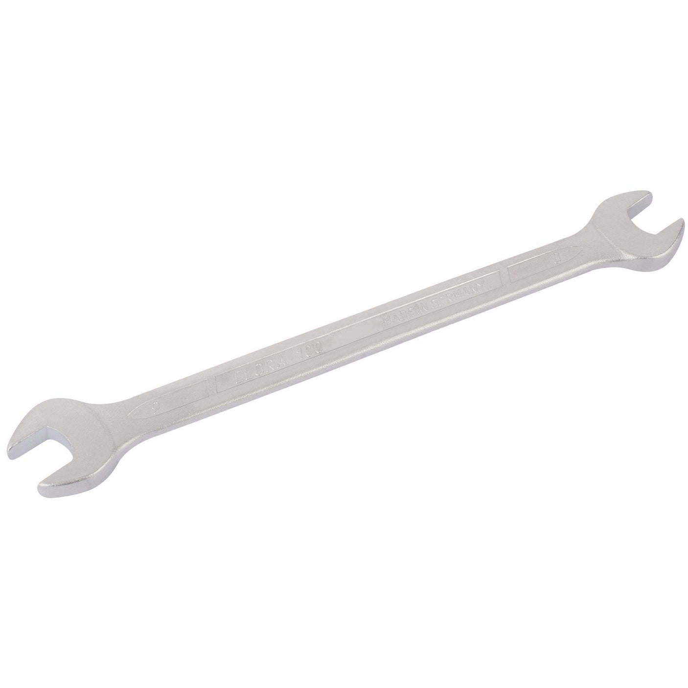 A Draper Elora Long Metric Double Open End Spanner, 8 X 9mm - 100-8x9, features a silver finish and is crafted from durable chrome vanadium steel.