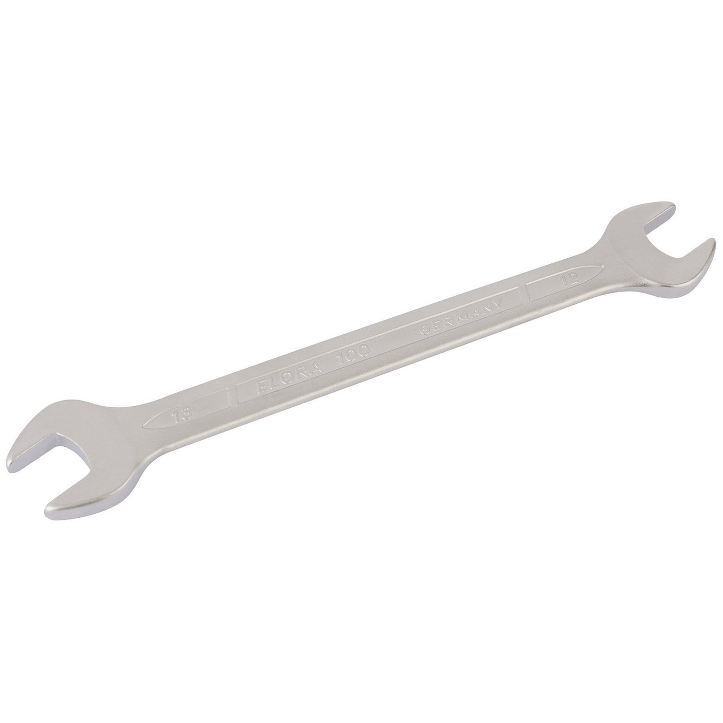 The Draper Elora Long Metric Double Open End Spanner, 12 X 13mm - 100-12x13, features a silver metallic finish and is constructed from durable chrome vanadium steel. This spanner has two differently sized ends for gripping nuts or bolts and meets DIN 3110/ISO 3318/ISO 1085 specifications for quality and precision.