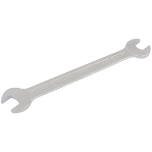 The Draper Elora Long Metric Double Open End Spanner, crafted from durable chrome vanadium steel, features one end sized 12mm and the other end sized 14mm, compliant with DIN 3110 standards.