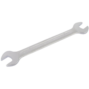 The Draper Elora Long Metric Double Open End Spanner, 13 X 15mm (100-13x15), is made from durable chrome vanadium steel and features a polished silver finish with sizes labeled on each end for easy identification. Built to meet DIN 3110 specifications.