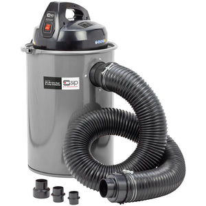 Introducing the SIP - 50ltr Dust & Chip Collector - SIP-01923, an efficient gray industrial vacuum cleaner designed by SIP. It features a black handle and a flexible hose, with a portable design that includes several black nozzle attachments prominently displayed in the foreground. This high-filtration dust collector is perfect for tackling any cleaning job with ease.