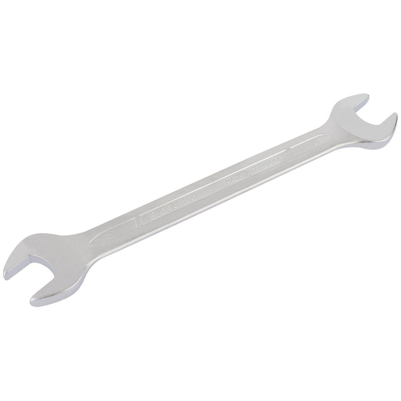 The Draper Elora Long Metric Double Open End Spanner, 14 X 15mm - 100-14x15, is a double open-end wrench with a silver finish, featuring open jaws at both ends of the tool and crafted from chrome vanadium steel for enhanced durability and corrosion resistance.