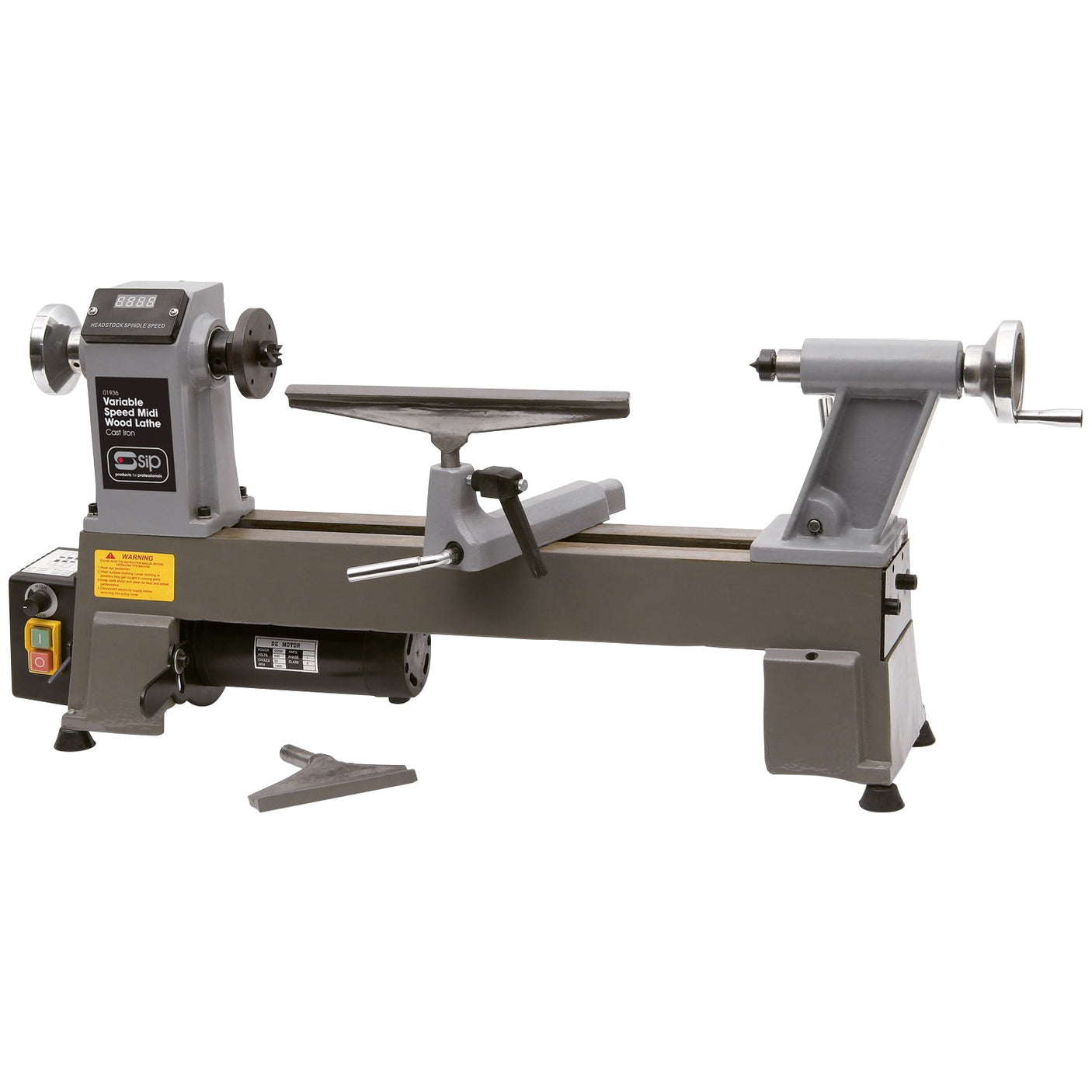 The SIP Variable Speed Midi Wood Lathe (SIP-01936) by SIP is a robust cast iron machine designed for versatile woodworking tasks, featuring a control panel, tool rest, and spindle. Positioned on a white background, an adjustment tool is situated on the left side of the lathe's base.