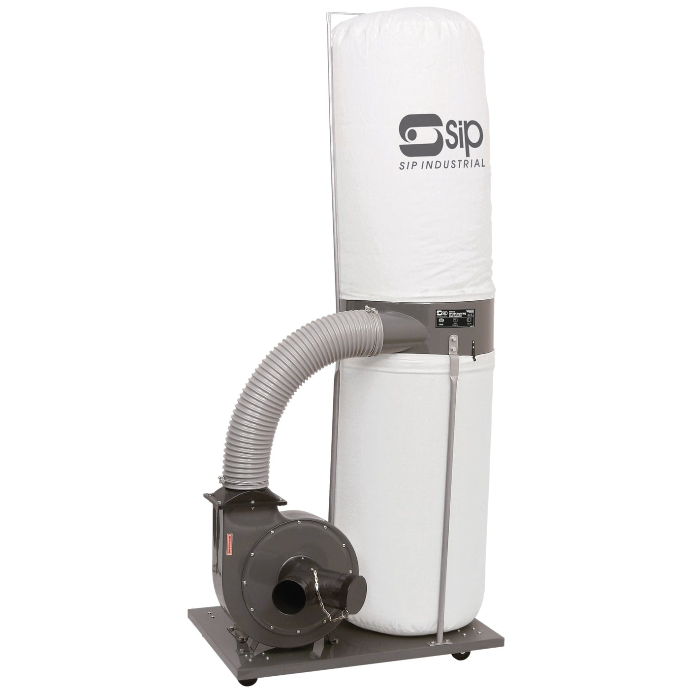 Image of the SIP - 2HP Single Bag Dust Collector (model SIP-01954) featuring a gray base, a flexible hose, and a large white dust collection bag with the SIP logo. This robust dust collector from SIP boasts a wheel-mounted design for easy mobility and comes with a multiple inlet adaptor for versatile use.