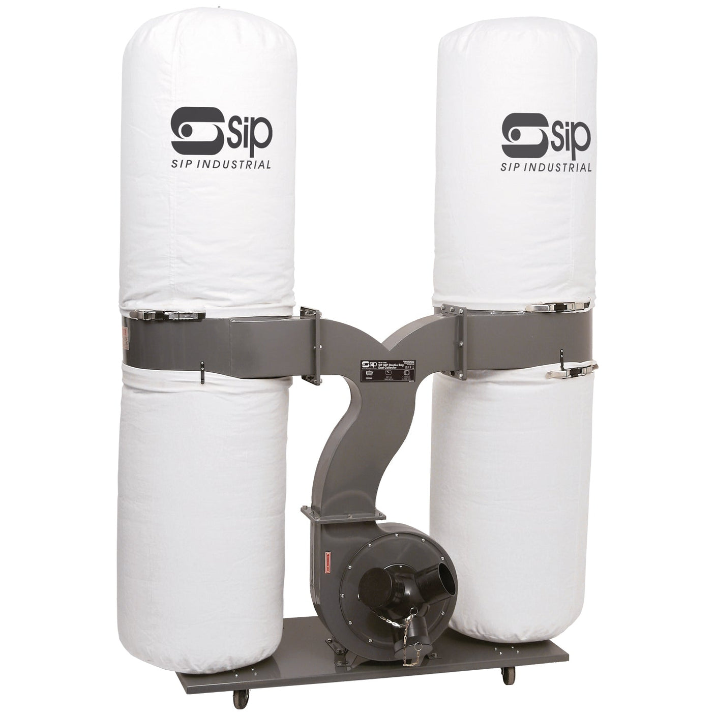 The SIP - 3HP Double Bag Dust Collector - SIP-01956 by SIP features four white dust collection bags, a central metal base unit, and a multiple inlet adaptor for efficient filtration.