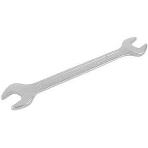 The Draper Elora Long Metric Double Open End Spanner, 17 X 19mm - 100-17x19, features one end larger than the other and is crafted from shiny chrome vanadium steel to provide superior corrosion protection.