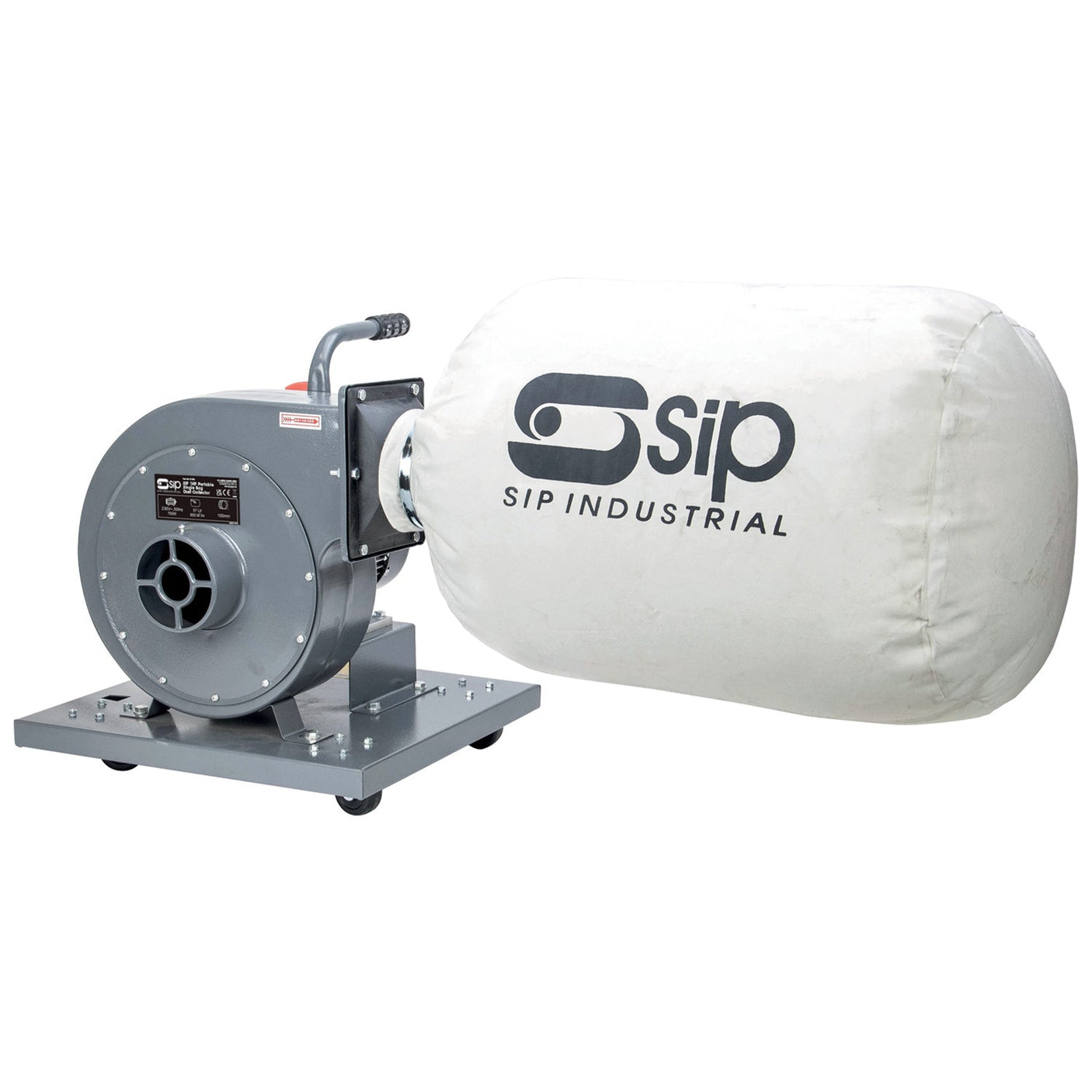 The SIP - 1HP Portable Single Bag Dust Collector (SIP-01963) by SIP features powerful filtration with a large white filter bag attached to a gray metal base unit on a compact, wheel-mounted chassis.