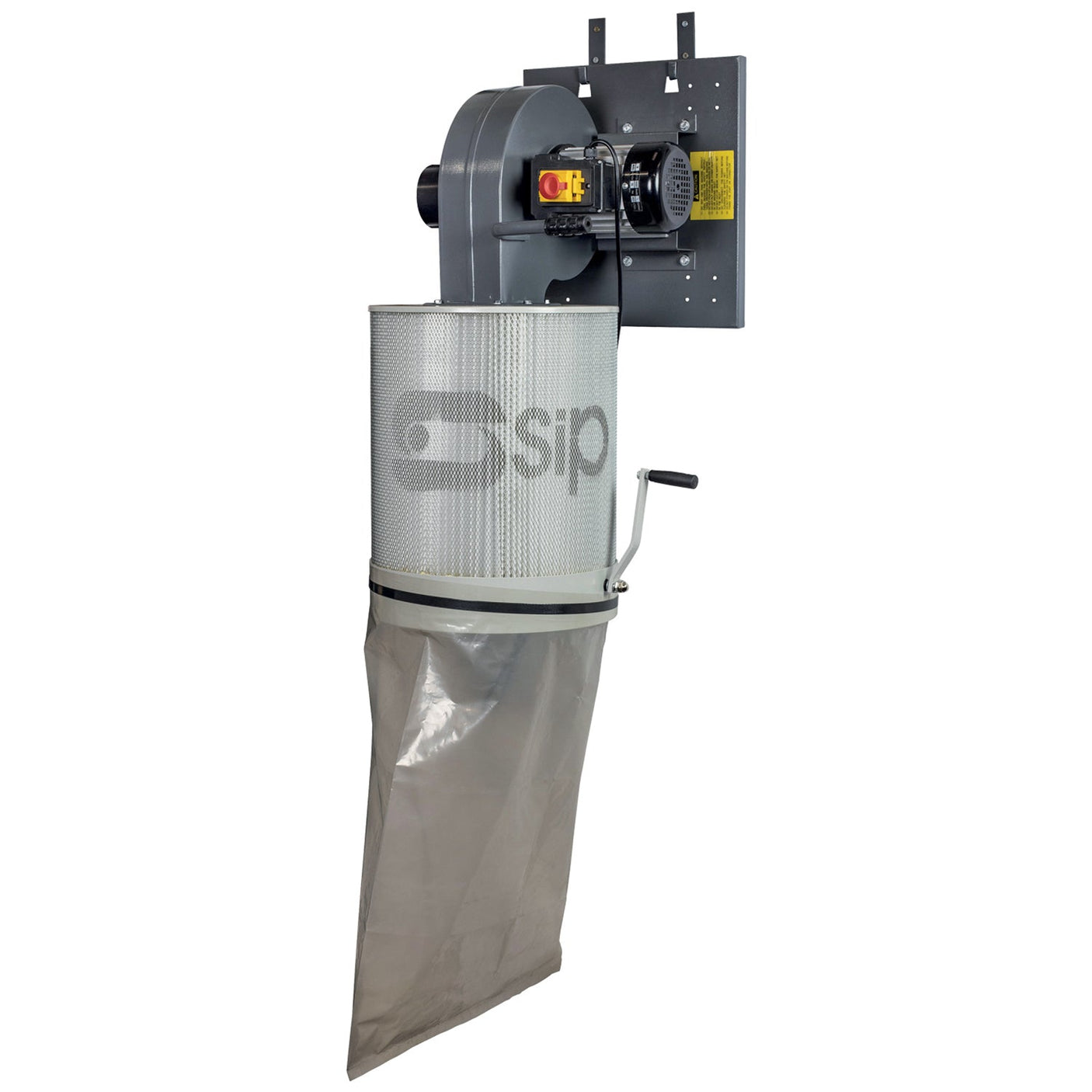 The SIP - 1HP Wall-Mount Single Cartridge Dust Collector (SIP-01964) is perfect for wood workshops, featuring a cylindrical white filter labeled "SIP" and a clear plastic collection bag attached underneath. The advanced filtration system ensures a clean and efficient workspace.