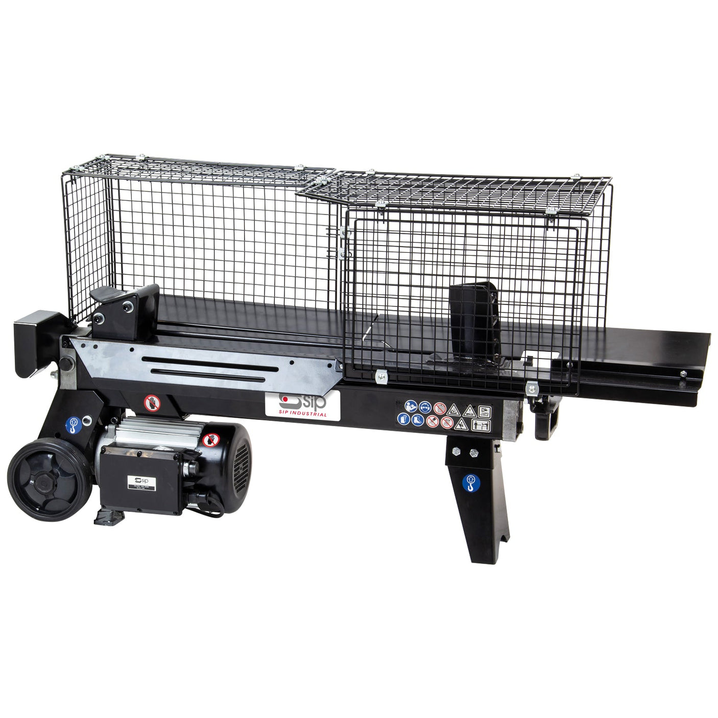 Image of the SIP - 5 TON Electric Log Splitter (SIP-01976) in black, equipped with a metal safety cage and various operational labels and indicators.