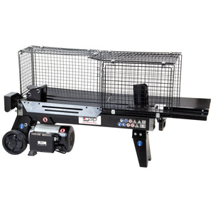 Image of the SIP - 5 TON Electric Log Splitter (SIP-01976) in black, equipped with a metal safety cage and various operational labels and indicators.