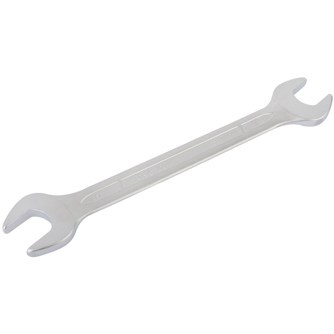 The Draper Elora Long Metric Double Open End Spanner, 18 X 19mm - 100-18x19, featuring a polished metallic finish and crafted from chrome vanadium steel, offers different wrench sizes on either end and adheres to DIN 3110/ISO 3318/ISO 1085 specifications.