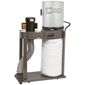 The SIP - 1HP Single Bag Dust Collector Package (SIP-01990) by SIP is a professional-grade dust collector featuring a cylindrical metal frame, a transparent top filter, and a white collection bag at the bottom. It comes equipped with an on/off switch and a motor on the left side for powerful filtration.