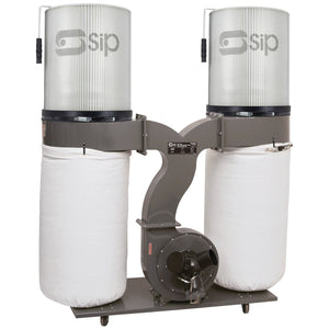 The SIP - 3HP Double Bag Dust Collector Package (SIP-01994) from SIP features two clear upper bags and two fabric lower bags, connected by a central blower unit on a metal frame with wheels. It includes a multiple inlet adaptor for versatile use in various setups.